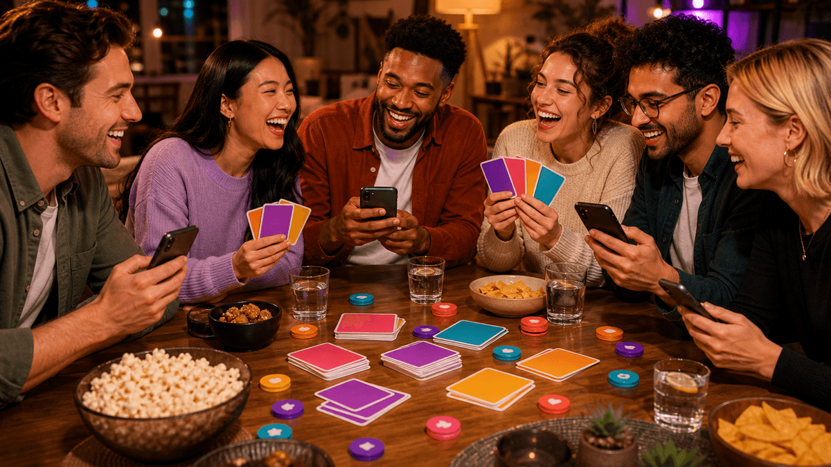 Adults playing a private What If party game on their phones at a casual 18+ game night.