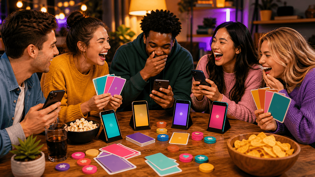 Friends playing funny What If questions on phones with prompt cards and voting tokens.