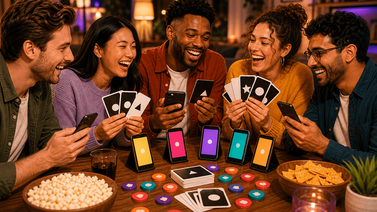 Friends playing a browser-based funny answer card game on phones.