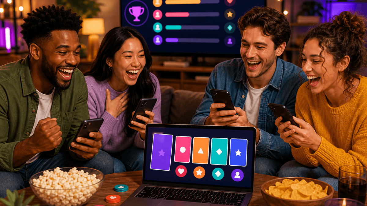 Friends playing a prompt voting party game on phones with a shared leaderboard screen