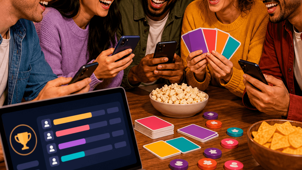 Friends joining an online party game with a private room code and live scoring on their phones