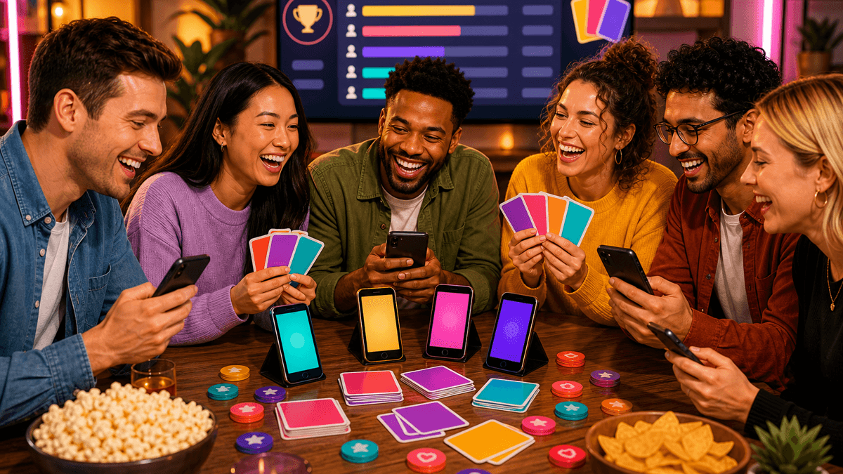 Friends playing a What If game on phones with response cards, voting tokens, and a leaderboard.