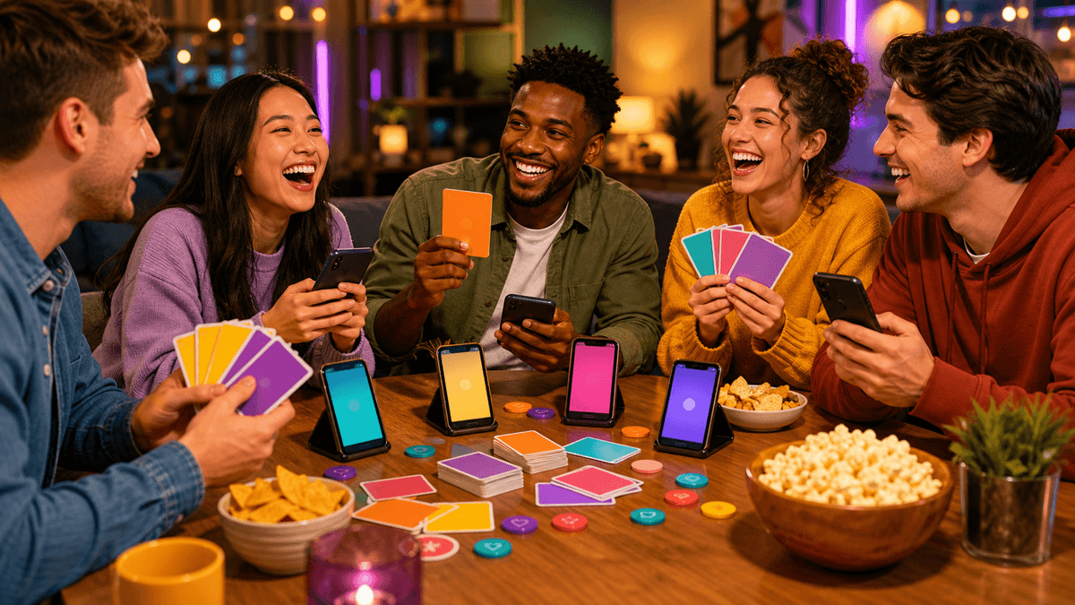 Friends playing a What If question game on phones with prompt cards and voting icons.