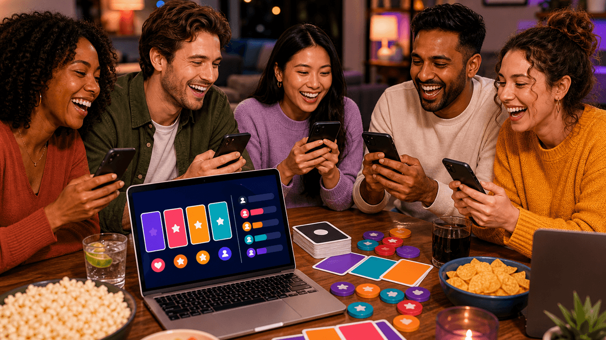 Adults playing a private online party game with phones, laptops, drinks, and snacks at an 18+ game night.