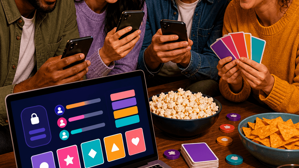 Friends using phones to play a browser party game with a private room on a laptop.