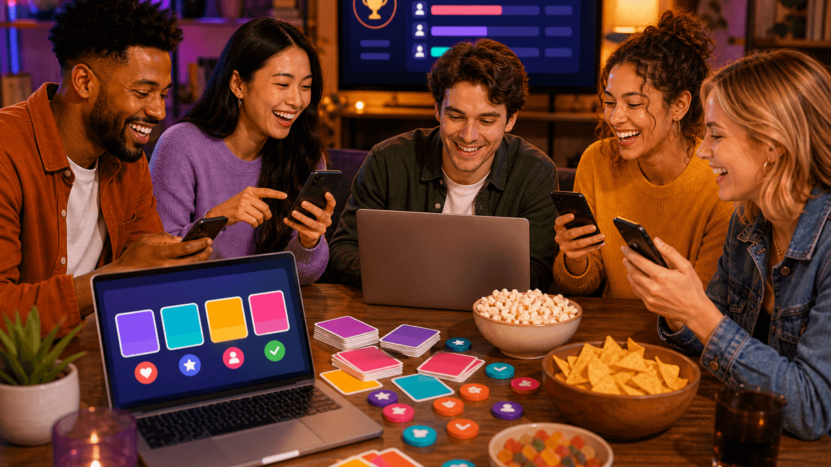 Friends playing online party games with phones and laptops in a private browser room.