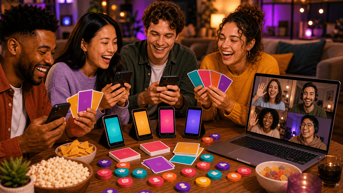 Friends playing a funny party card game online with prompt cards and voting on phones
