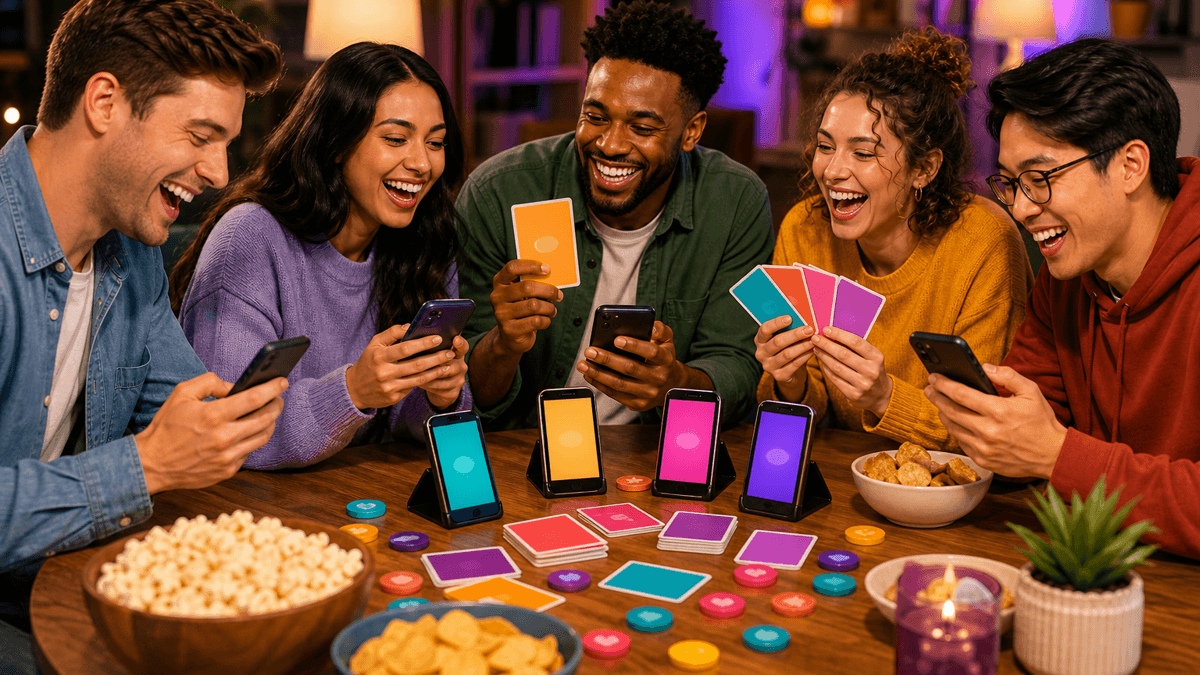 Friends playing a What If question game on phones during game night